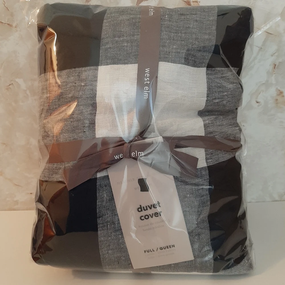 West Elm Heather Taylor Home Gingham Full Queen Linen Duvet Cover Midnight